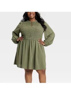 Ava & Viv Olive Green Smocked Waist Long-Sleeve Mini Dress